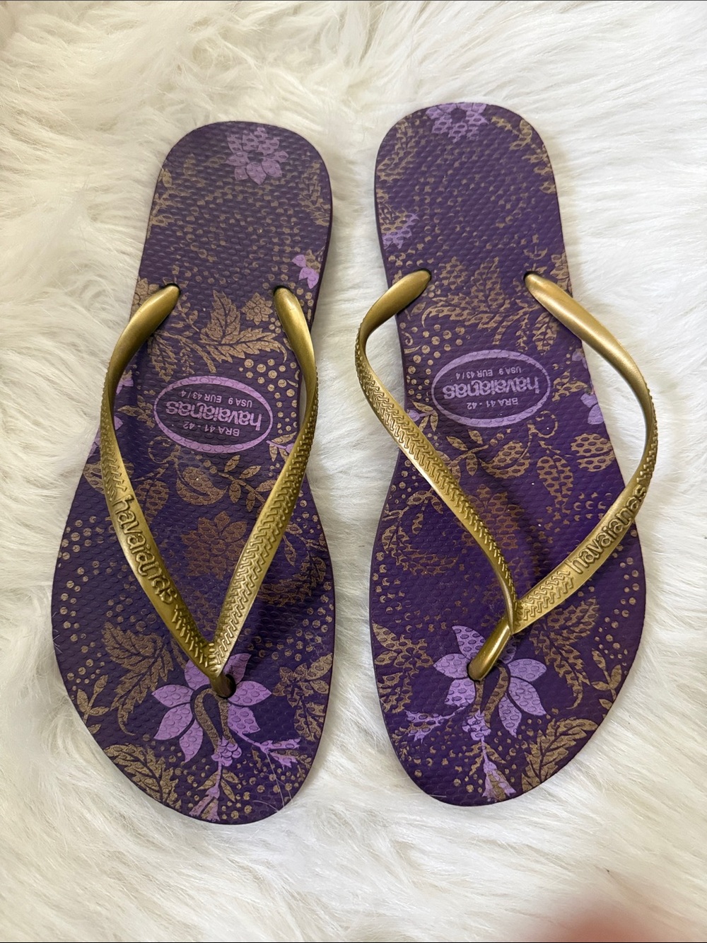 Havaianas Purple Floral Flip Flops with Gold Straps